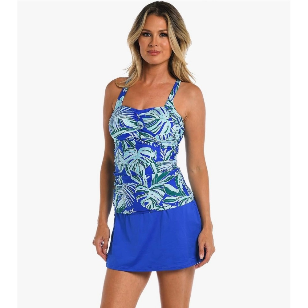 NWT 24th & Ocean West Palms Shir Sweetheart D Cup Tankini Top Blue Tropical 34D